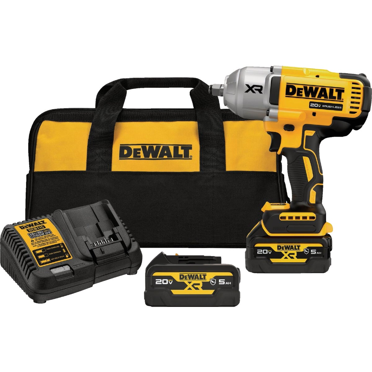 DEWALT 20V MAX XR Brushless 1/2 In. High Torque Cordless Impact Wrench Kit with Hog Ring Anvil, (2) 5.0 Ah Resistant Batteries & Charger