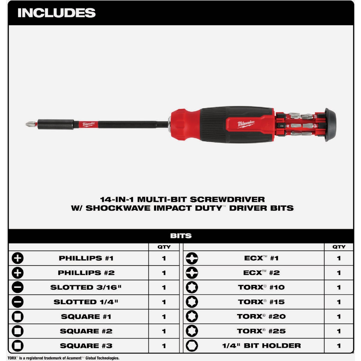 Milwaukee 14-In-1 Multi-Bit Screwdriver with SHOCKWAVE Impact Duty Bits Image 2