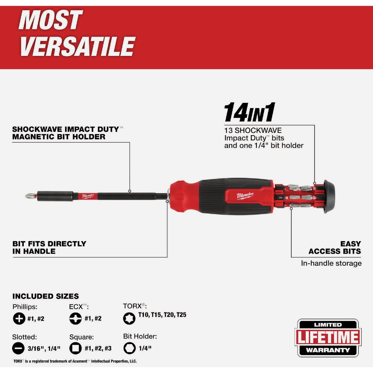 Milwaukee 14-In-1 Multi-Bit Screwdriver with SHOCKWAVE Impact Duty Bits Image 3