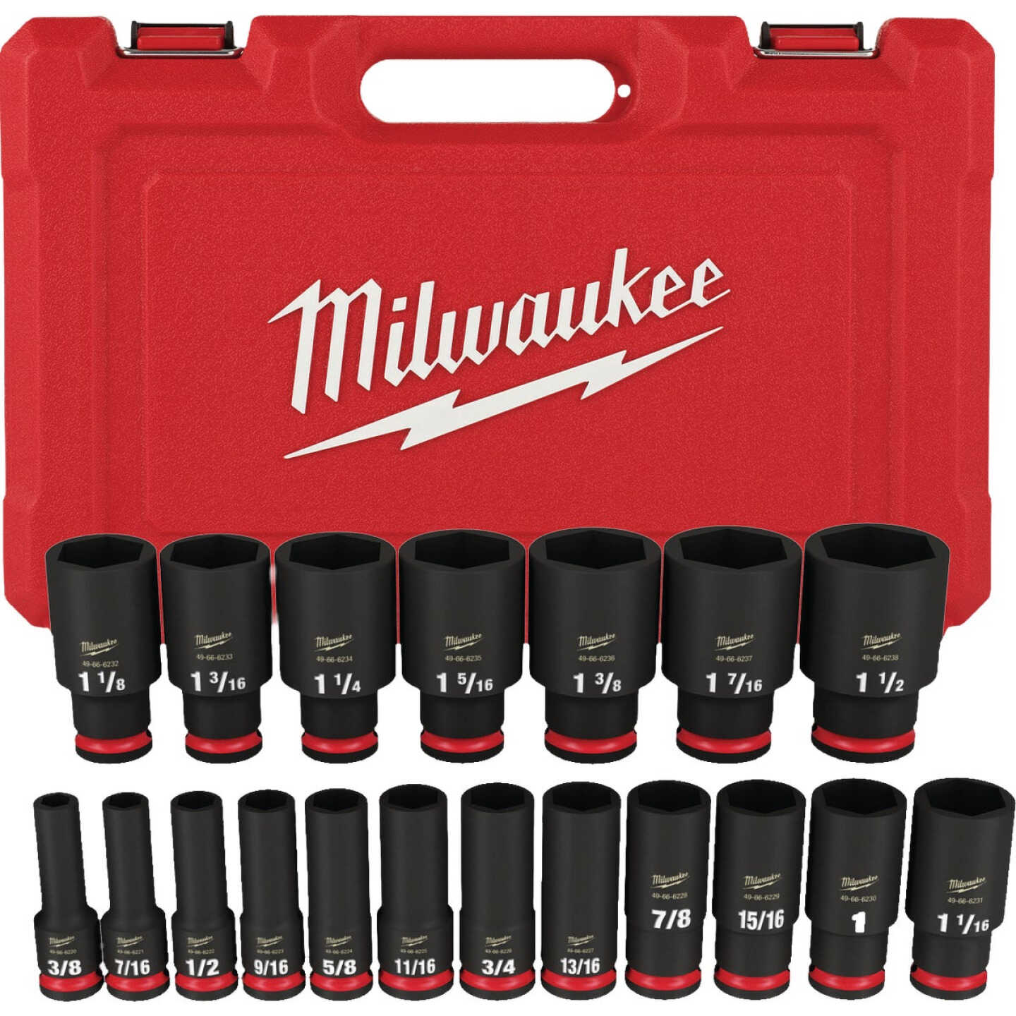 Milwaukee SHOCKWAVE Standard 1/2 In. Drive 6-Point Deep Impact Socket Set (19-Piece) Image 1