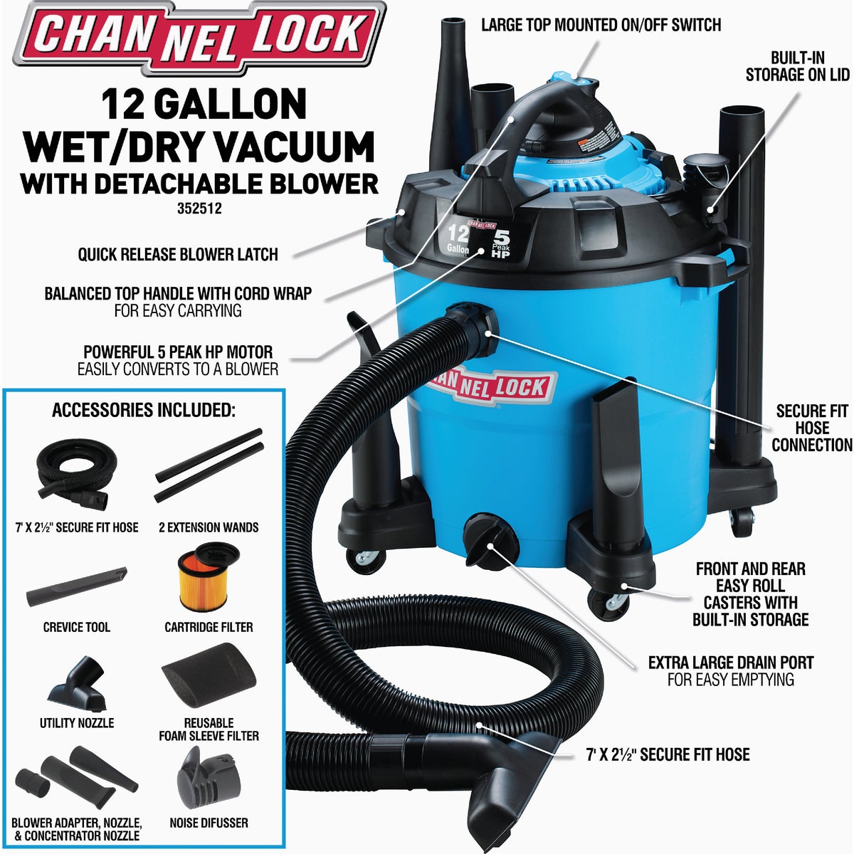 Channellock 12 Gal. 5.0-Peak HP Wet/Dry Vacuum with Blower Image 2