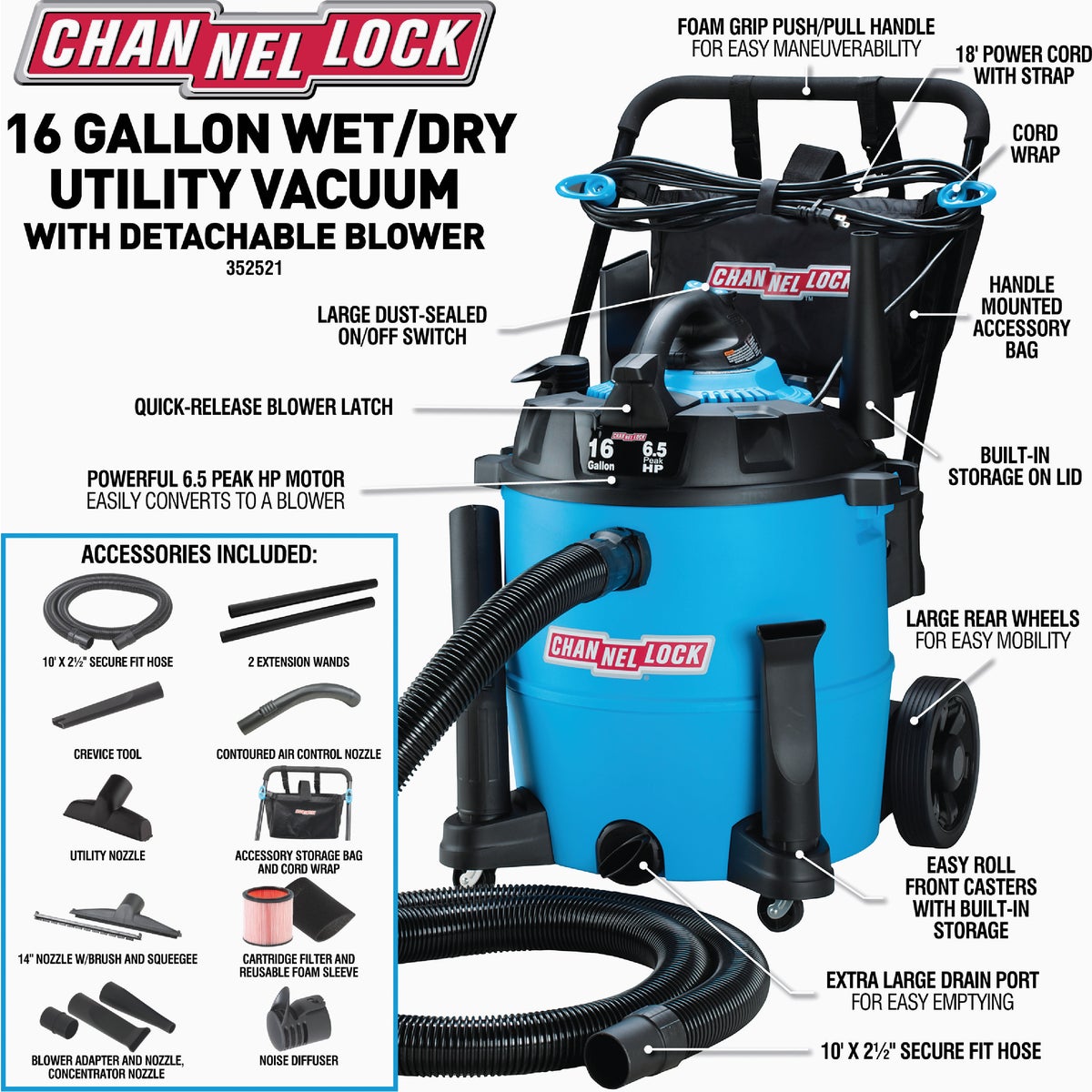 Channellock 16 Gal. 6.5-Peak HP Wet/Dry Vacuum with Blower Image 2