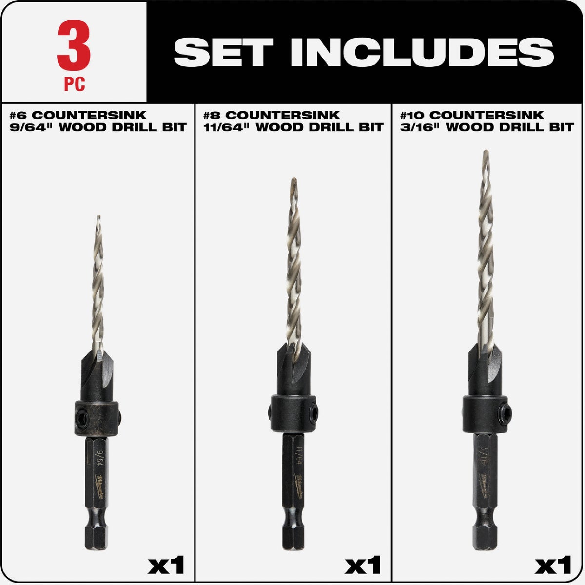 Milwaukee 3-Piece Countersink Bit Set Image 2
