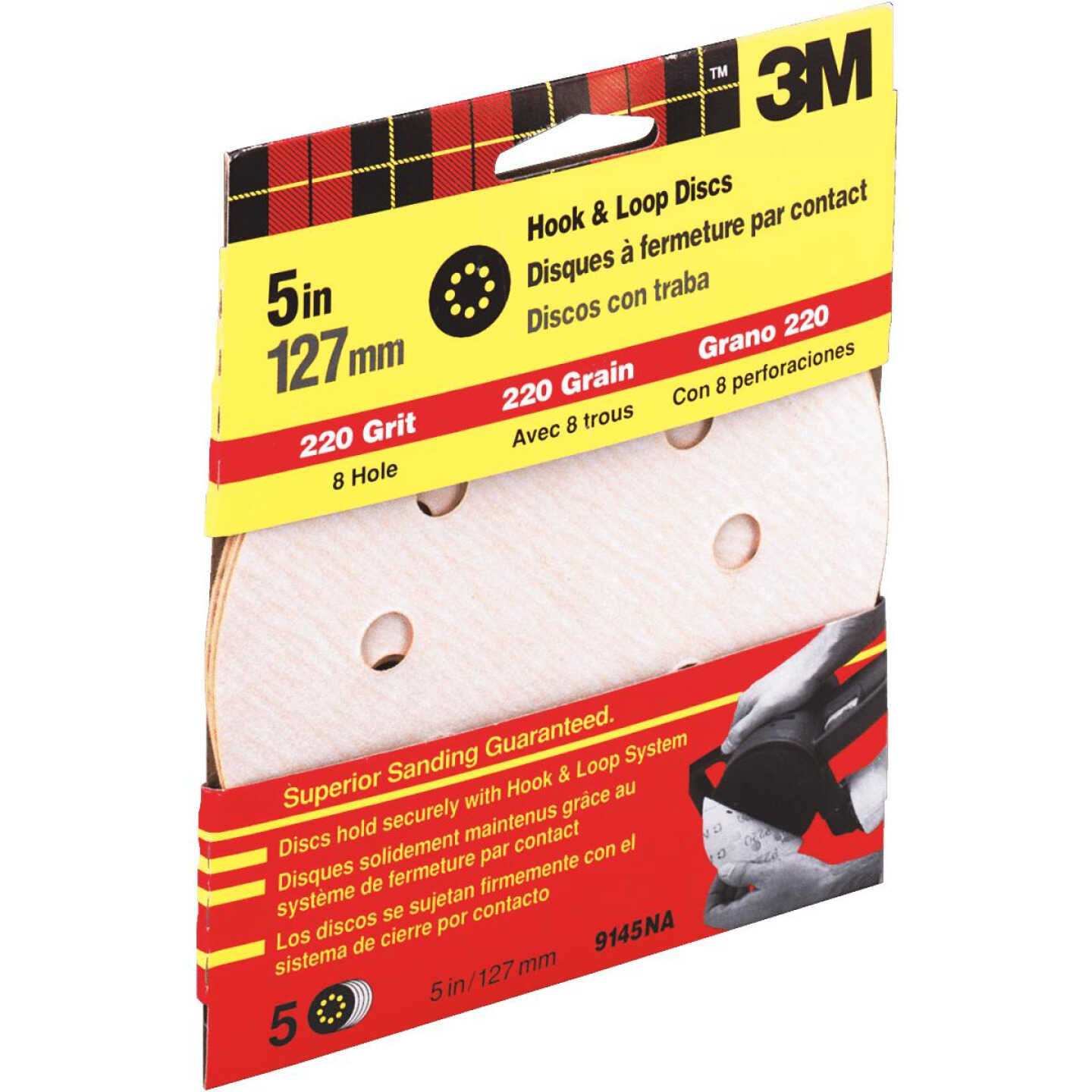 3M 5 In. 220-Grit 8-Hole Pattern Vented Sanding Disc with Hook and Loop Backing (5-Pack) Image 1