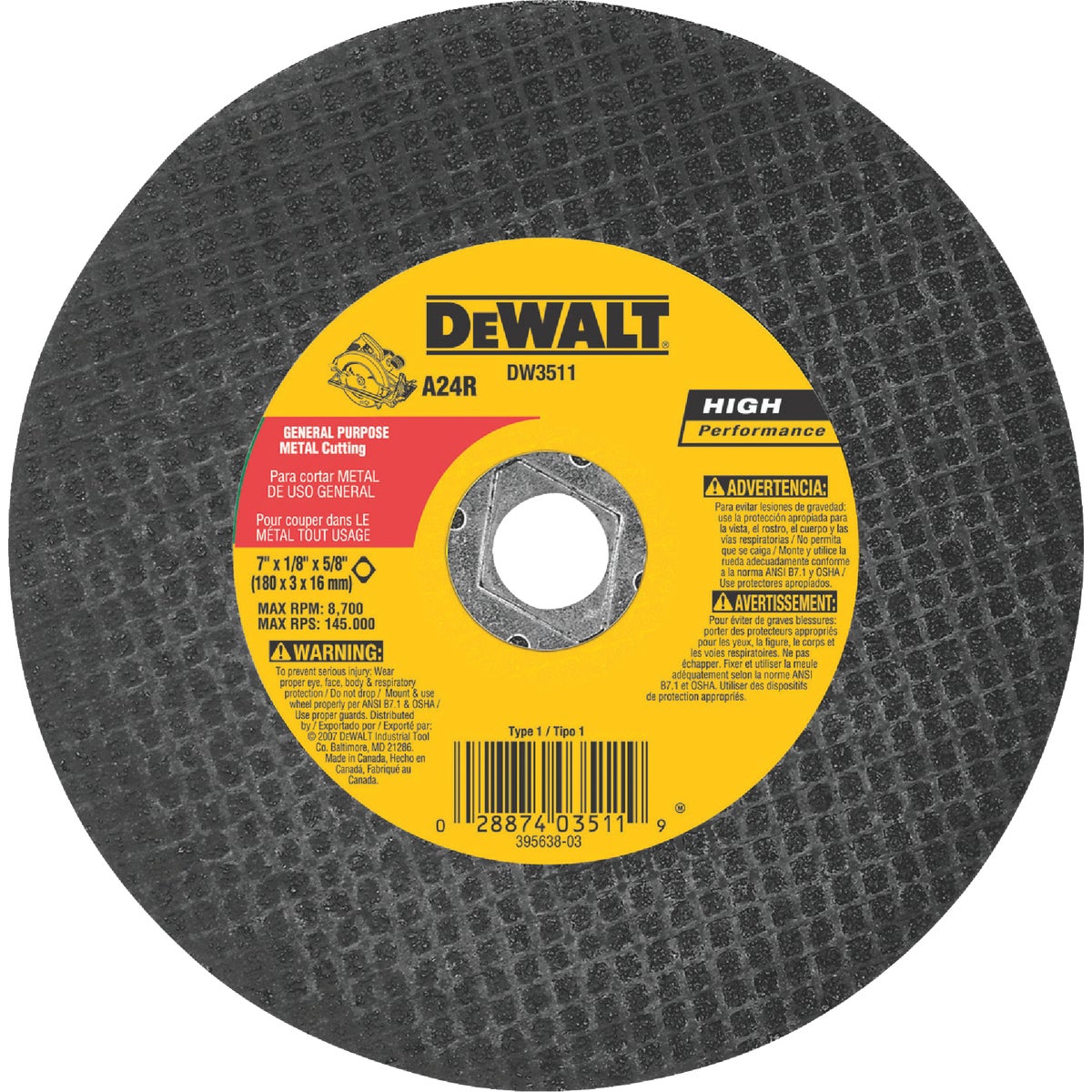 DEWALT HP Type 1 7 In. x 1/8 In. x 5/8 In. Metal Cut-Off Wheel Image 1