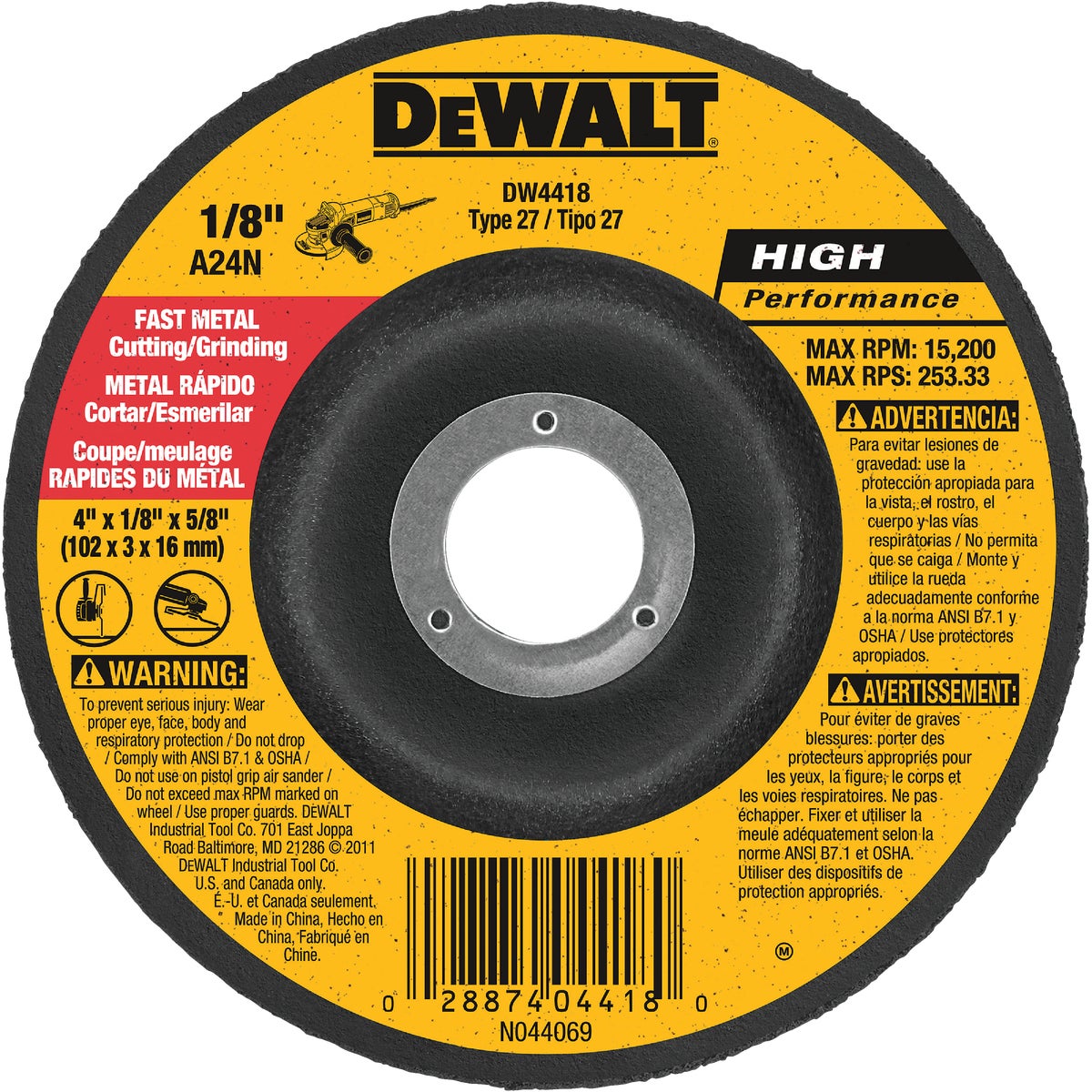 DEWALT HP Type 27 4 In. x 1/8 In. x 5/8 In. Metal Grinding Cut-Off Wheel Image 1
