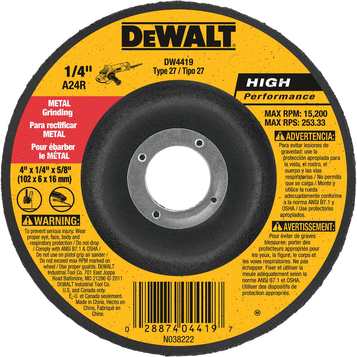 DEWALT HP Type 27 4 In. x 1/4 In. x 5/8 In. Metal Grinding Cut-Off Wheel Image 1