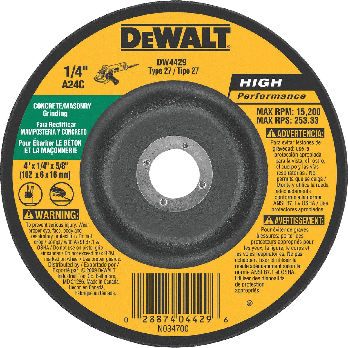 DEWALT HP Type 27 4 In. x 1/4 In. x 5/8 In. Masonry Grinding Cut-Off Wheel Image 1