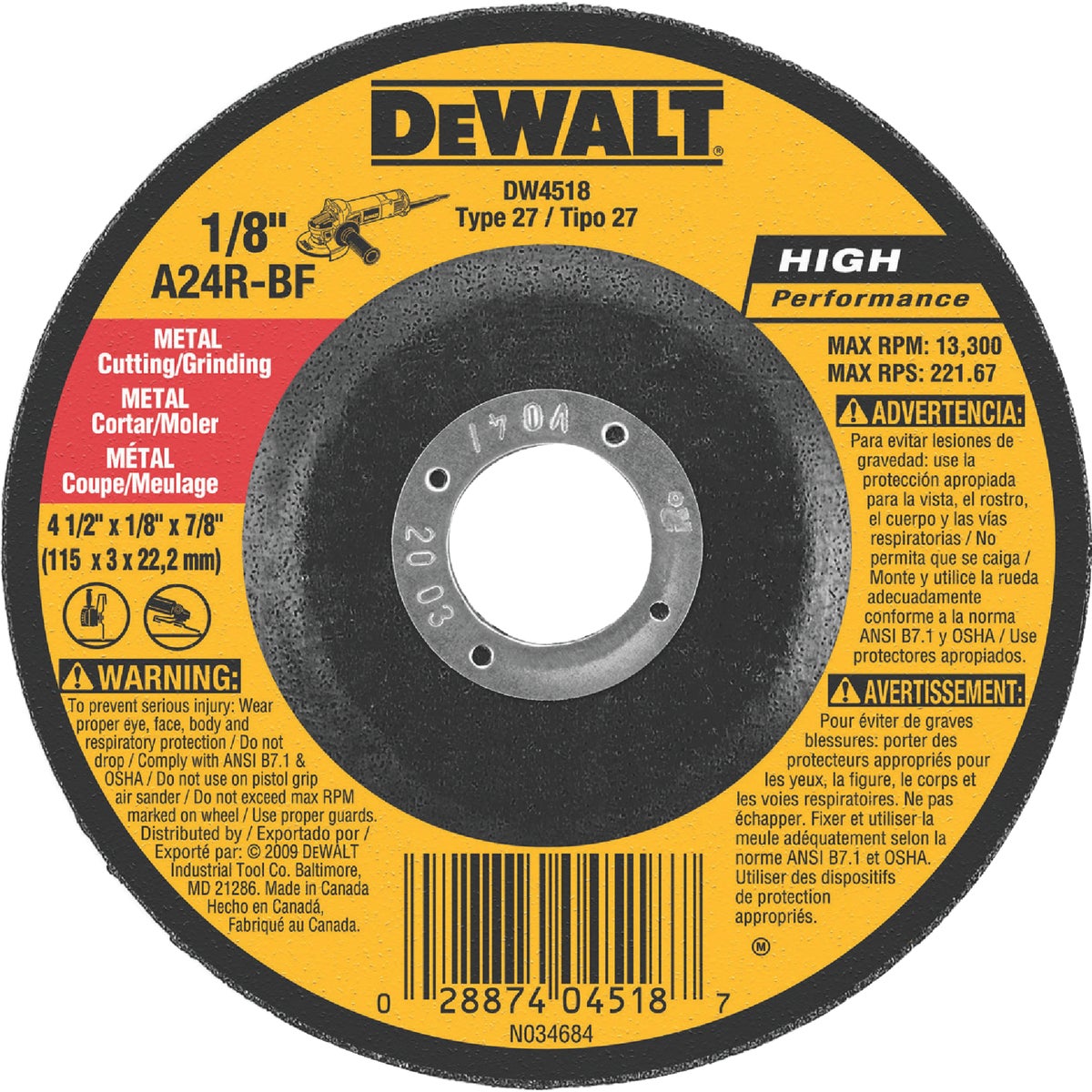 DEWALT HP Type 27 4-1 In. x 1/8 In. x 7/8 In. Metal Grinding Cut-Off Wheel Image 1