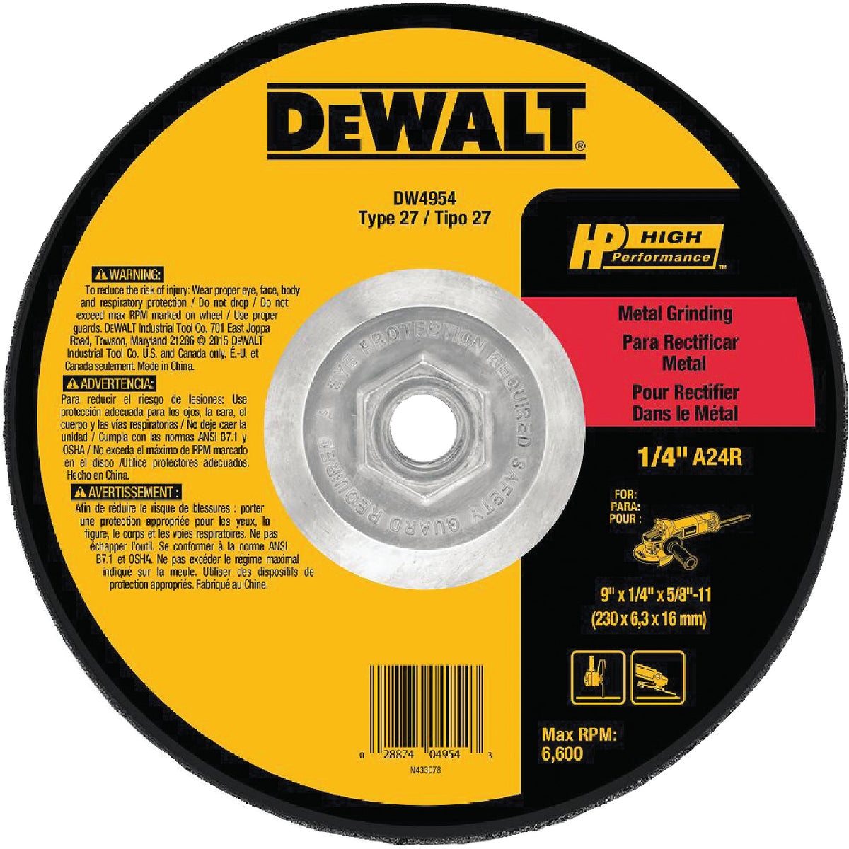 DEWALT HP Type 27 9 In. x 1/4 In. x 5/8 In.-11 Metal Grinding Cut-Off Wheel Image 1