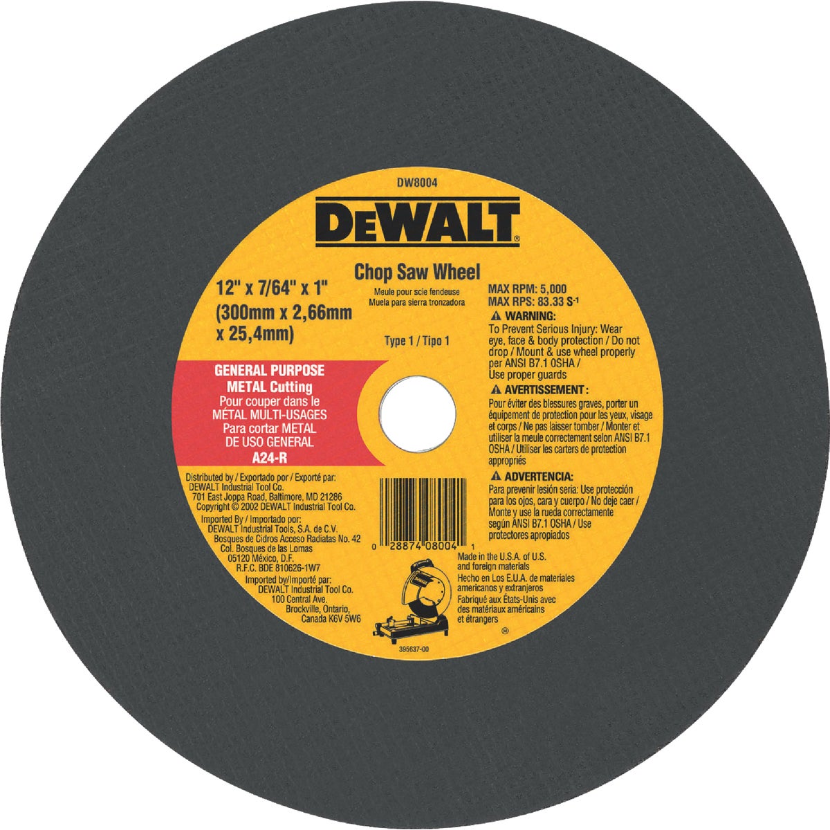 DEWALT HP Type 1 12 In. x 7/64 In. x 1 In. Metal Cut-Off Wheel Image 1