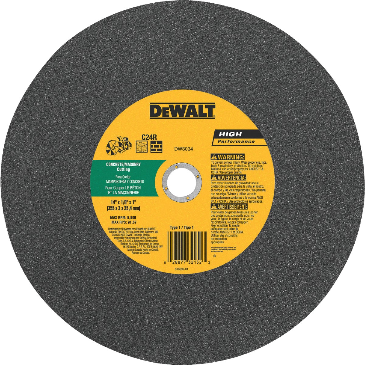 DEWALT HP Type 1 14 In. x 1/8 In. x 1 In. Concrete Cut-Off Wheel Image 1