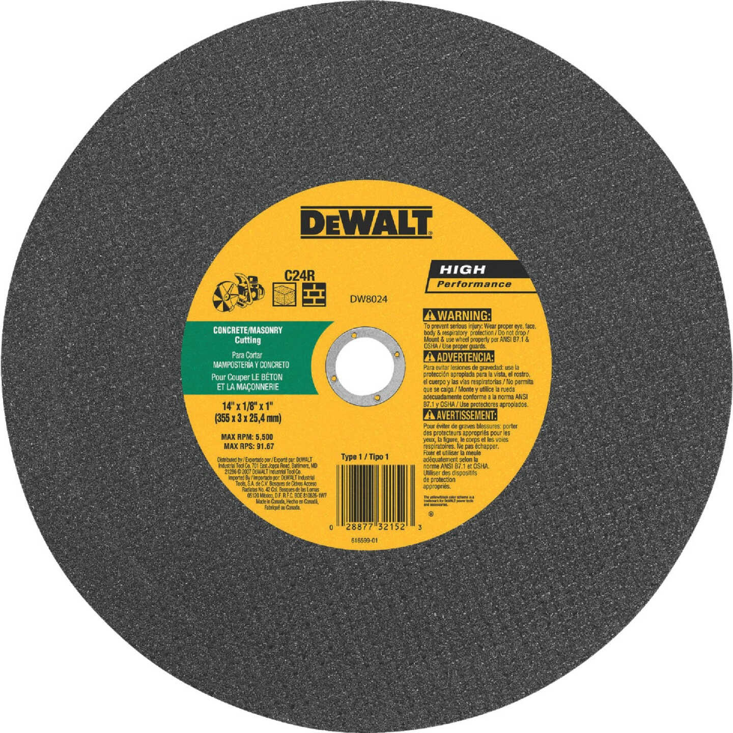 DEWALT HP Type 1 14 In. x 1/8 In. x 1 In. Concrete Cut-Off Wheel Image 1