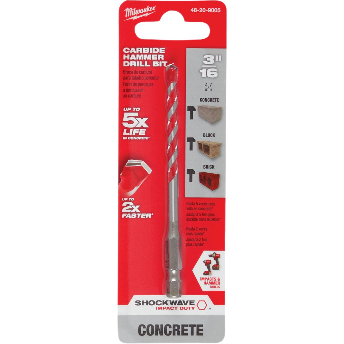 Milwaukee SHOCKWAVE 3/16 In. x 4 In. Impact Duty Masonry Carbide Hammer Drill Bit Image 1