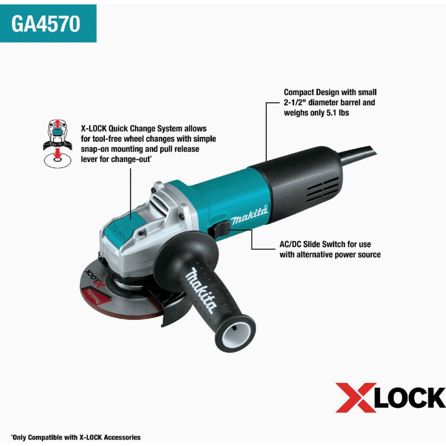 Makita 4-1/2 In. 7.5-Amp X-LOCK Angle Grinder with Lock On Image 3