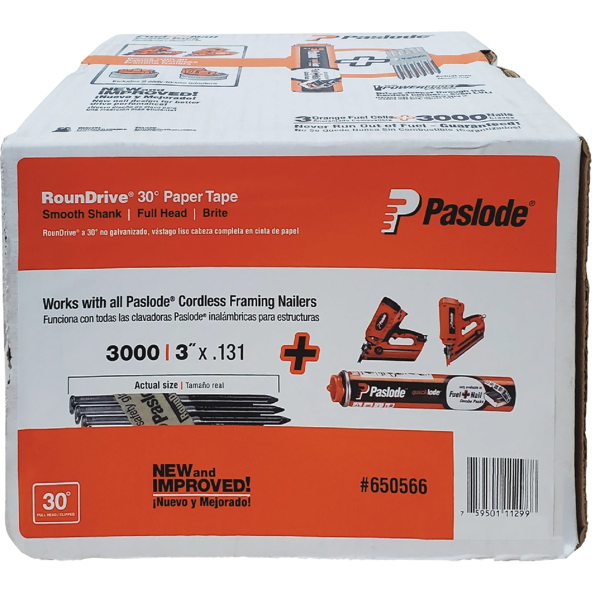 Paslode 3 In. x 0.131 In. 30 Degree Paper Tape Brite Smooth Shank RounDrive Framing Nails with (3) Framing Fuel Cells (3000 Ct.)