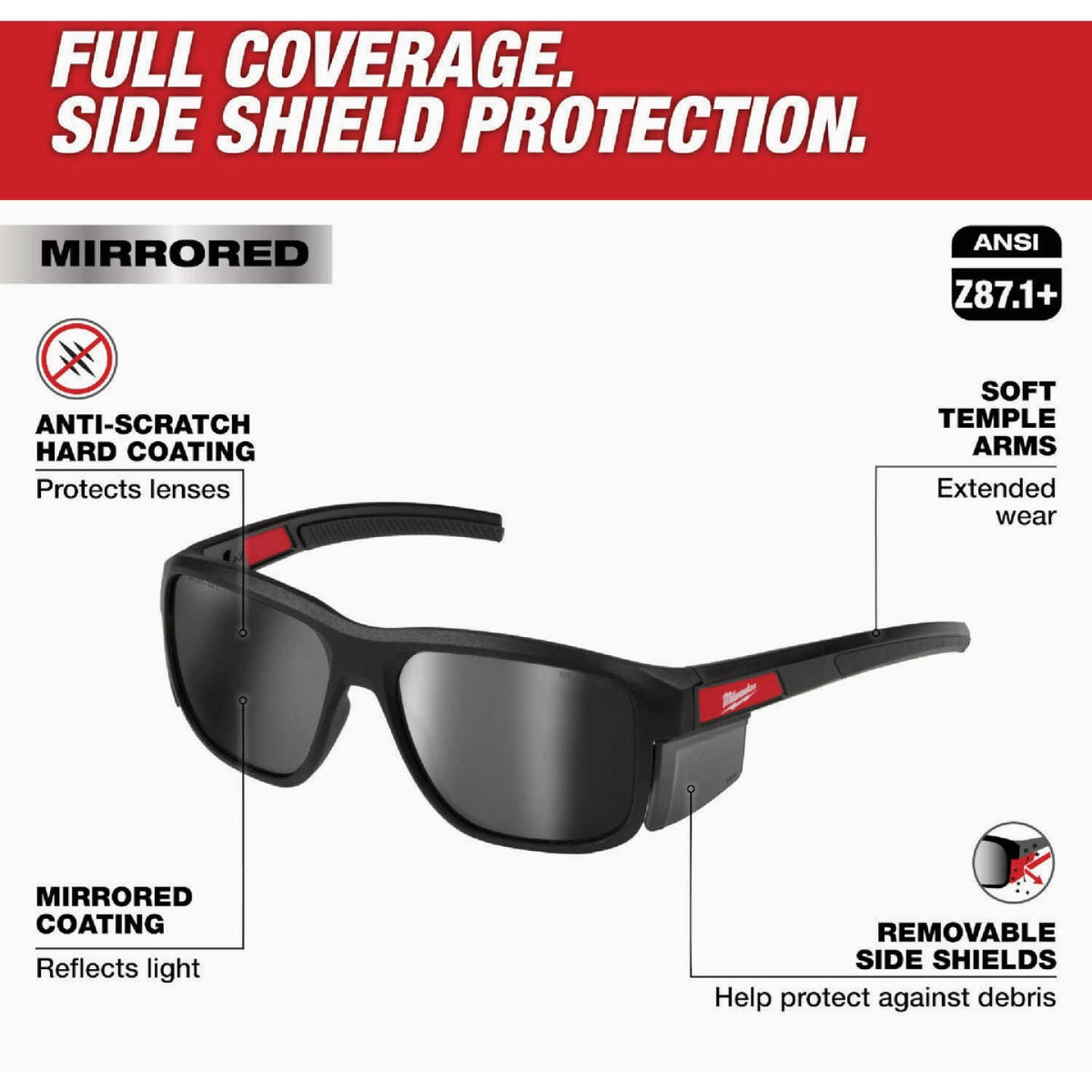 Milwaukee Full Frame Safety Glasses with Silver Mirrored Anti-Scratch Lenses & Removable Side Shields Image 3