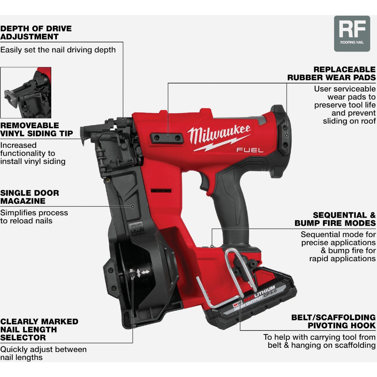 Milwaukee M18 FUEL Brushless Cordless Coil Roofing Nailer Kit with 3.0 Ah Battery & Charger Image 4