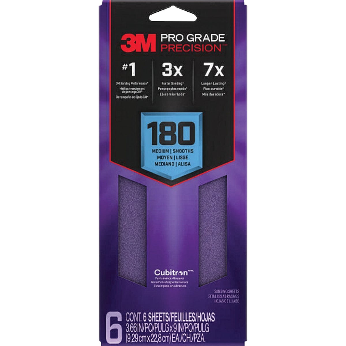 3M Pro Grade Precision 3-2/3 In. x 9 In. 180 Grit 1/3 Sheet Sandpaper with No-Slip Grip Backing (6-Pack) Image 1