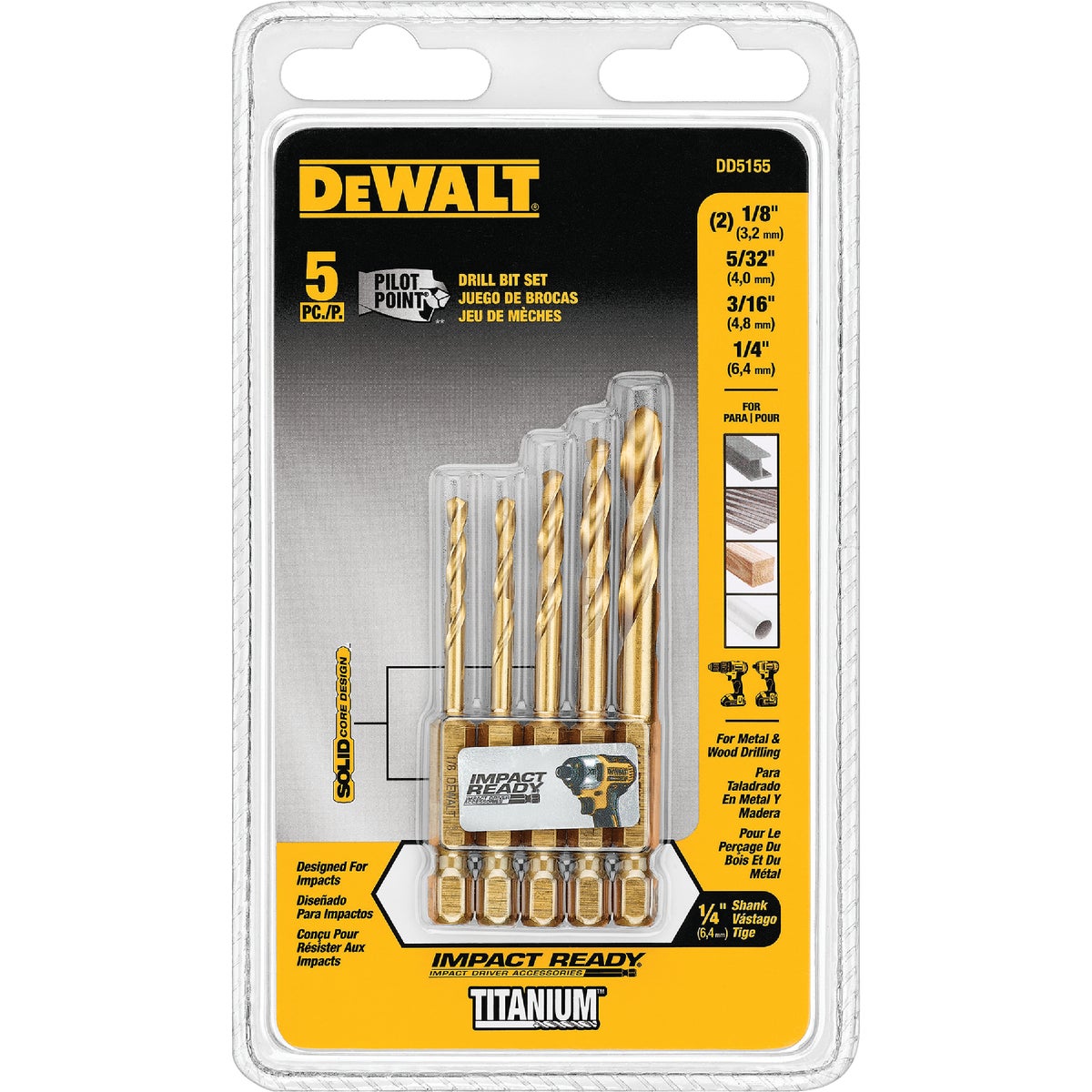 DeWalt Impact Ready 5-Piece Titanium Hex Shank Drill Bit Set, 3/16 In. to 1/2 In.
