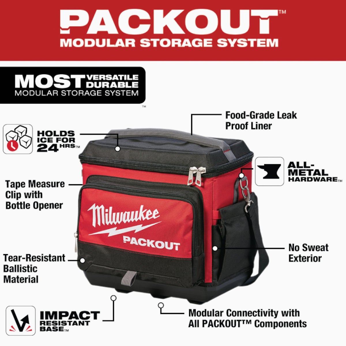 Milwaukee PACKOUT 5-Compartment Soft-Side Cooler, Black & Red Image 2