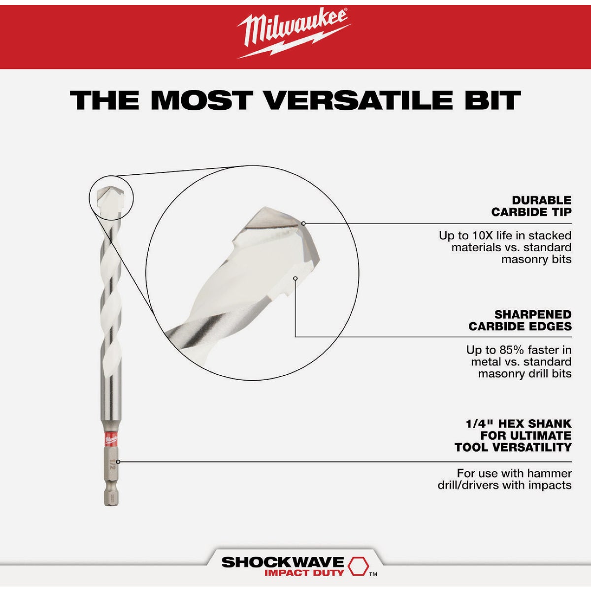 Milwaukee SHOCKWAVE 3/8 In. x 12 In. Impact Duty Carbide Multi-Material Hex Shank Drill Bit Image 2