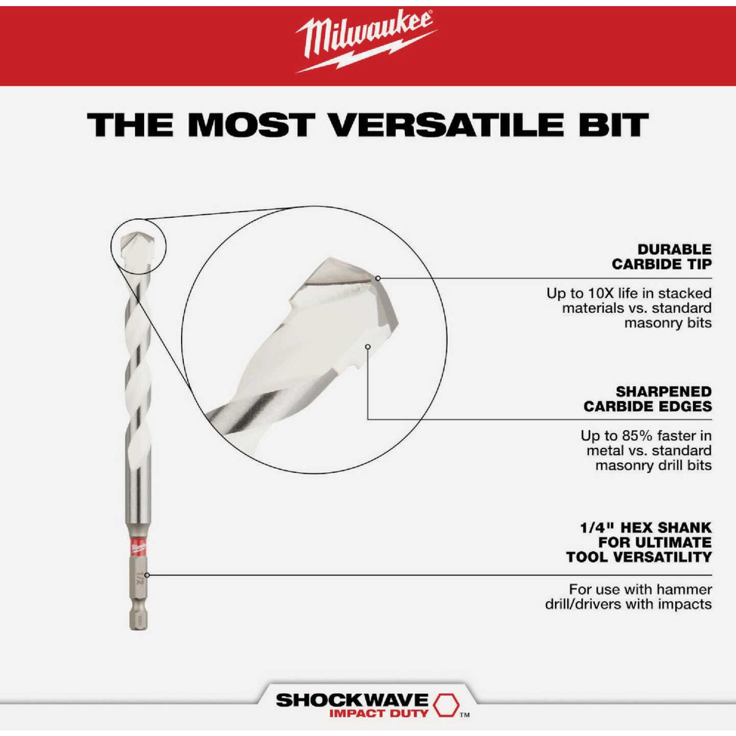 Milwaukee SHOCKWAVE 3/8 In. x 12 In. Impact Duty Carbide Multi-Material Hex Shank Drill Bit Image 2
