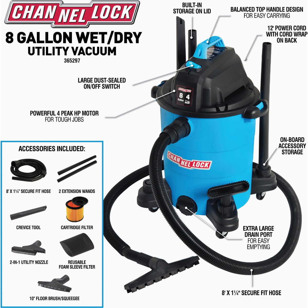 Channellock 8 Gal. 4.0-Peak HP Wet/Dry Vacuum Image 2