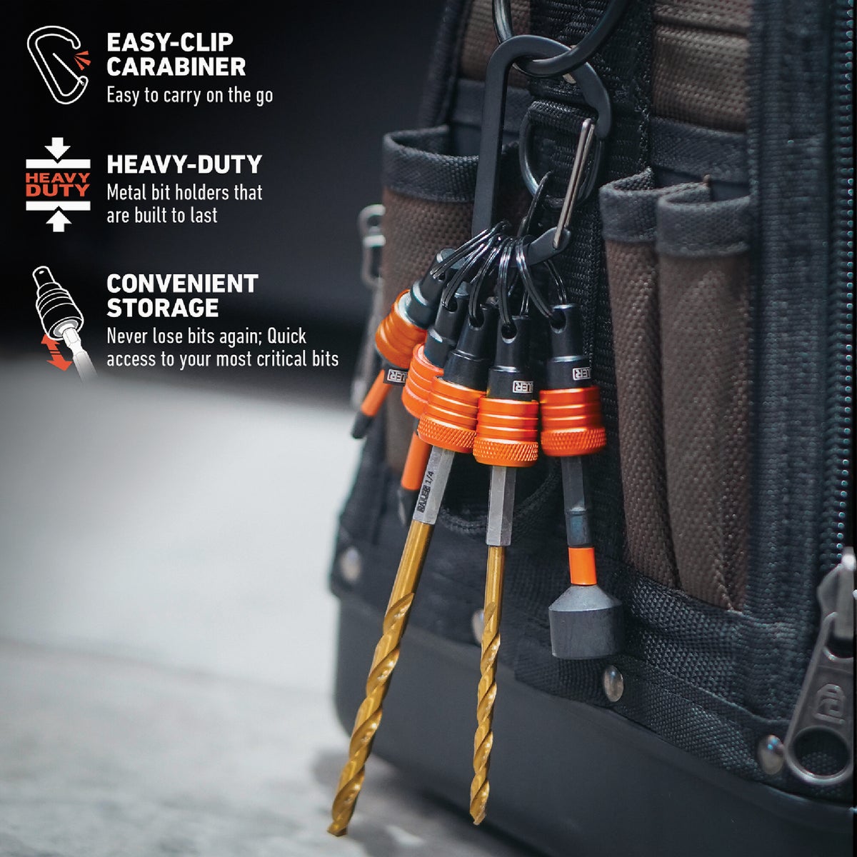 Railer Bit Holder Keychain with (5) Orange Hex Shank Bit Holders Image 4