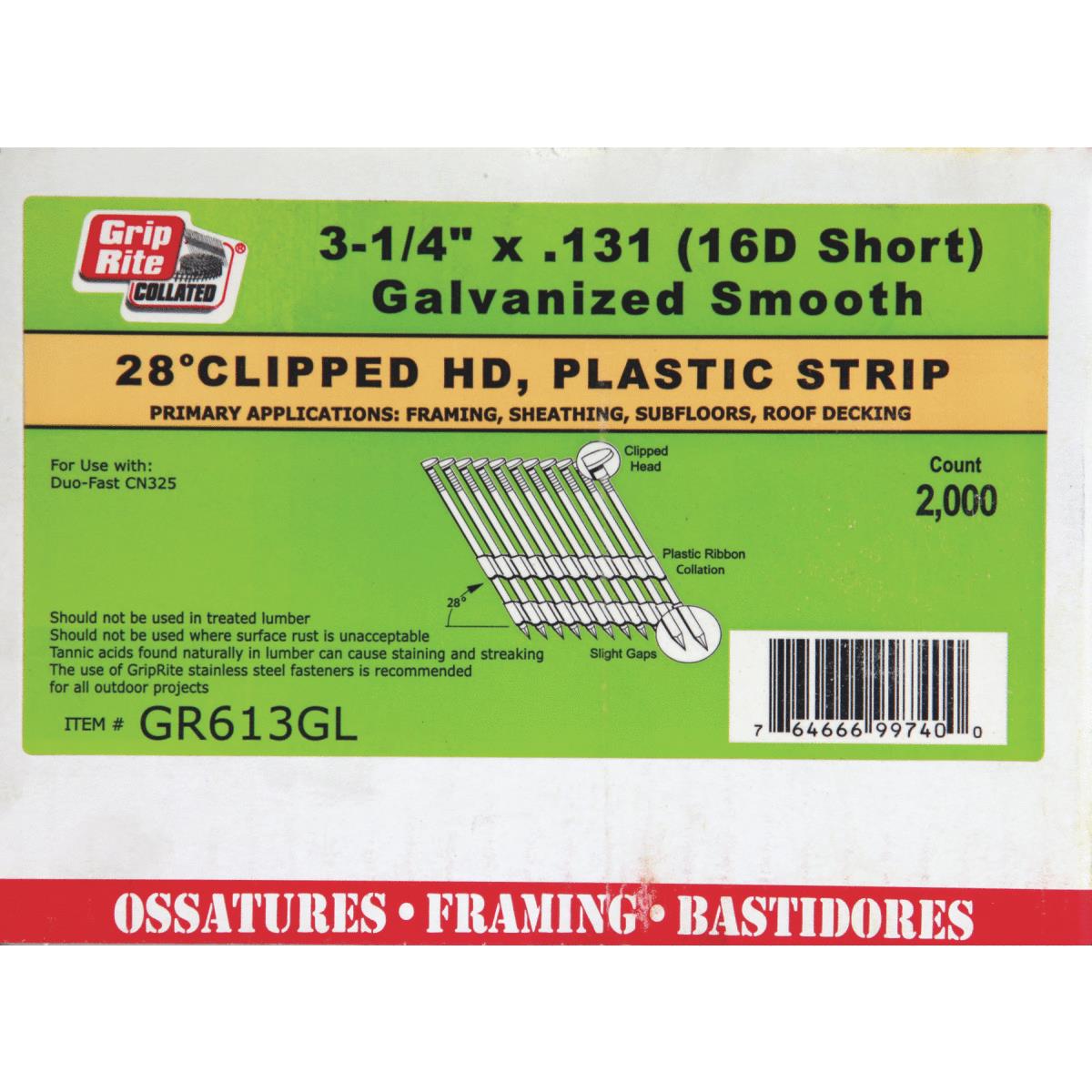 Grip-Rite 28 Degree Plastic Strip Galvanized Clipped Head Framing Stick Nail, 3-1/4 In. x .131 In. (