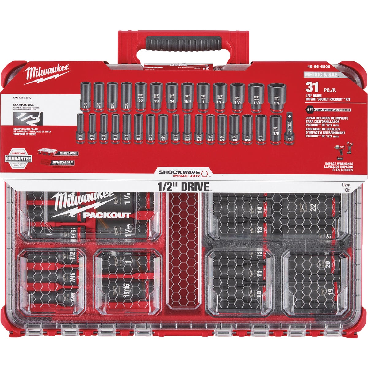Milwaukee SHOCKWAVE Standard/Metric 1/2 In. Drive 6-Point Deep Impact Driver Set with PACKOUT Organizer (31-Piece) Image 5