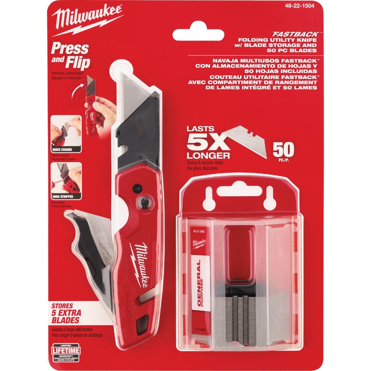 Milwaukee FASTBACK Folding Utility Knife with Storage & 50-Piece General Purpose Blades Image 2