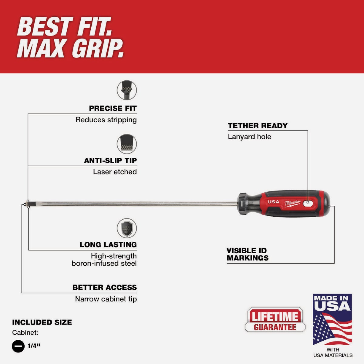 Milwaukee 1/4 In. x 10 In. Cushion Grip Cabinet Tip Slotted Screwdriver (USA) Image 3