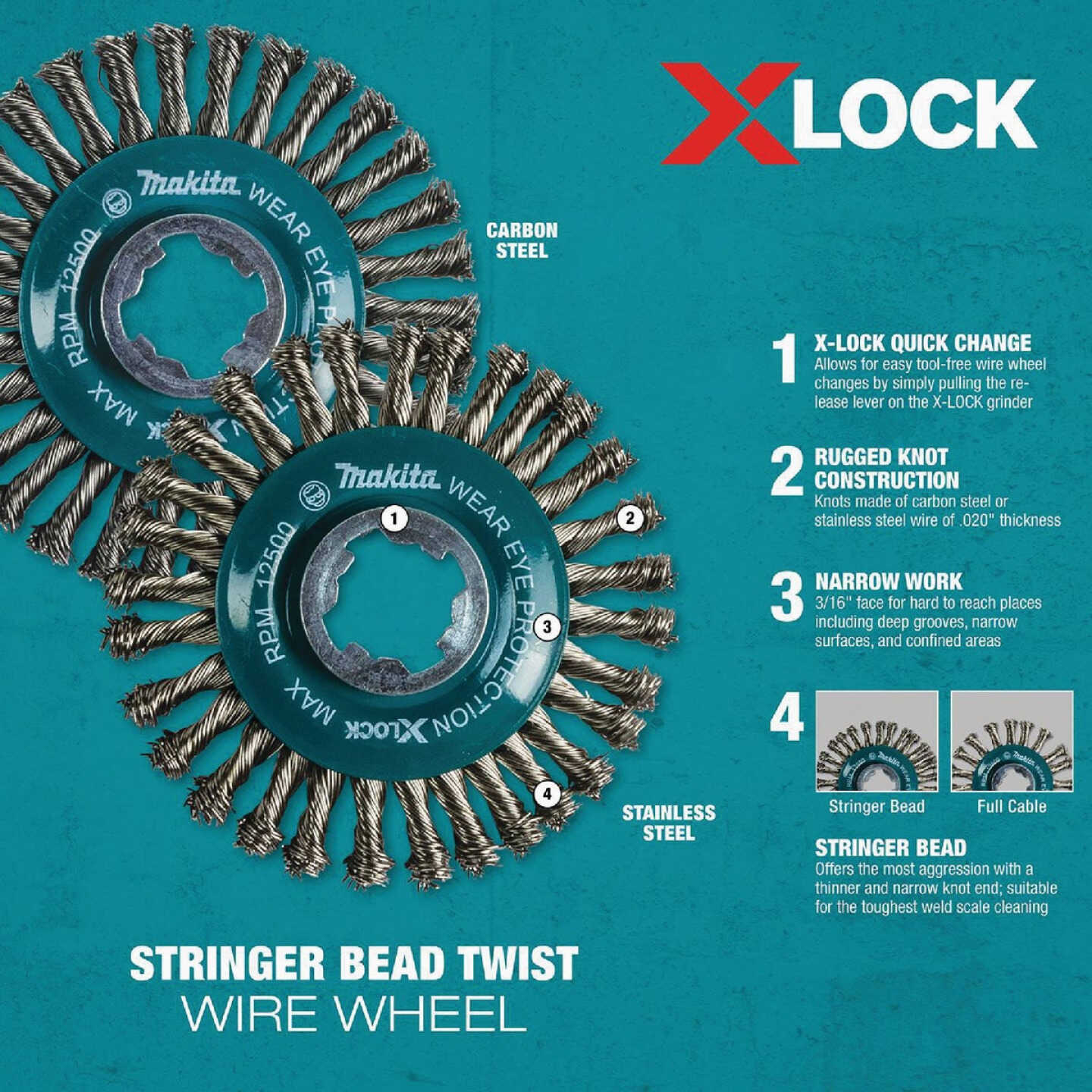 Makita X-LOCK 4-1/2 In. Stringer Bead Twist Carbon Steel Angle Grinder Wire Wheel Image 4