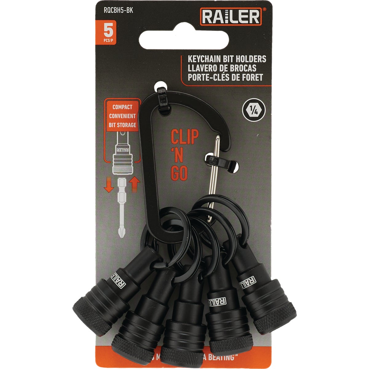 Railer Bit Holder Keychain with (5) Black Hex Shank Bit Holders Image 7
