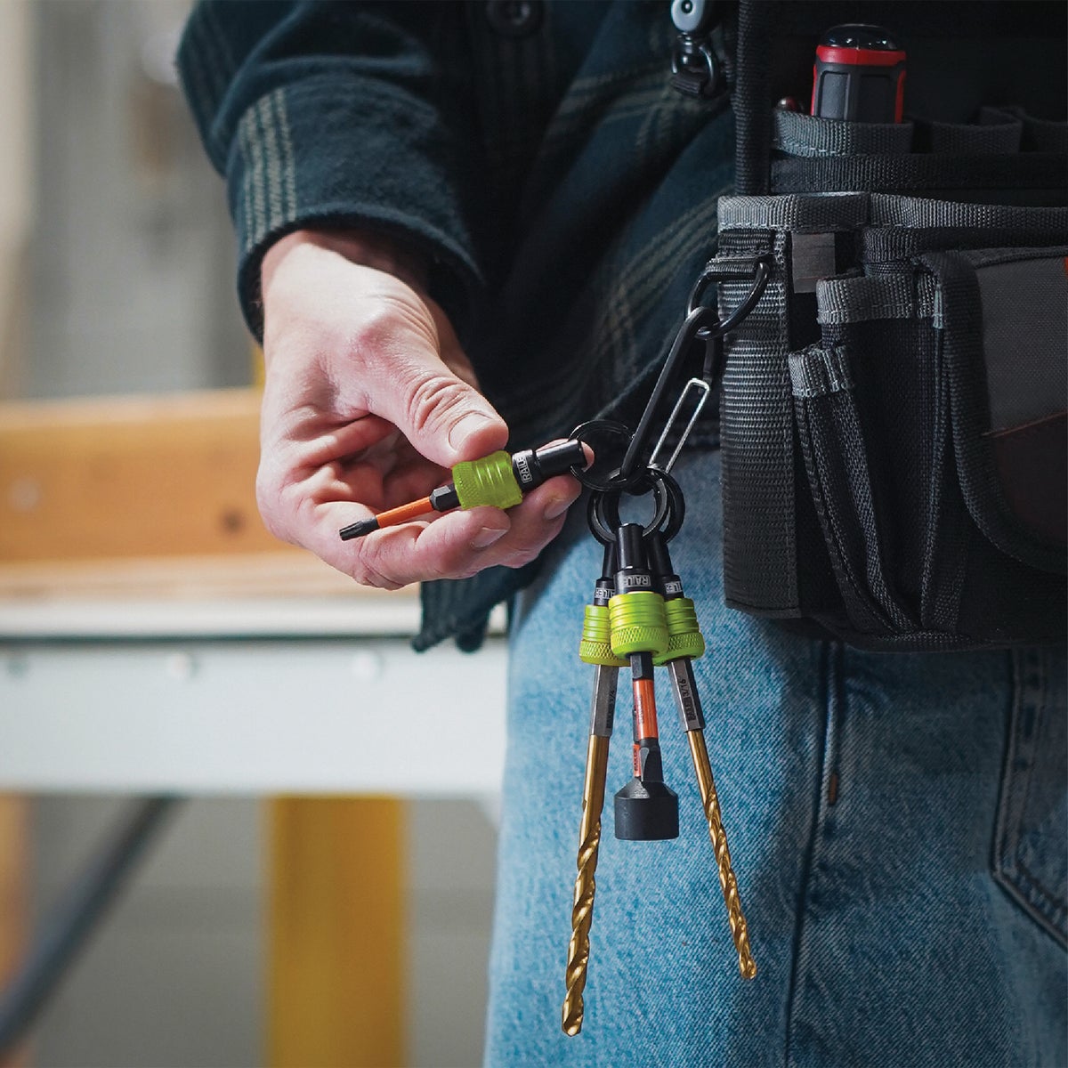 Railer Bit Holder Keychain with (5) Hi Vis Green Hex Shank Bit Holders Image 3