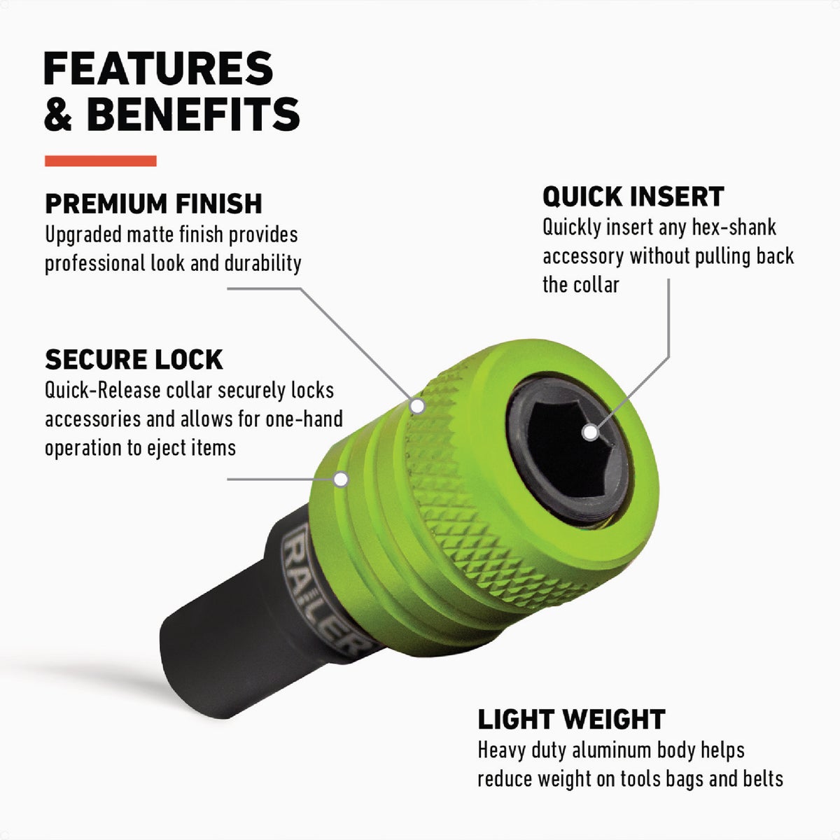 Railer Bit Holder Keychain with (5) Hi Vis Green Hex Shank Bit Holders Image 2