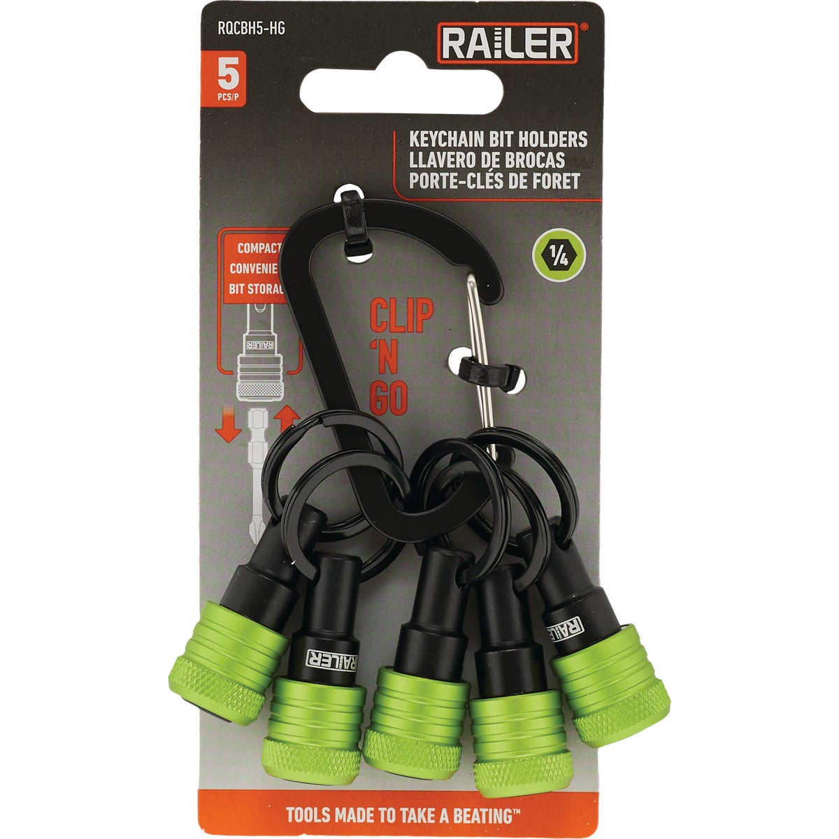 Railer Bit Holder Keychain with (5) Hi Vis Green Hex Shank Bit Holders Image 7
