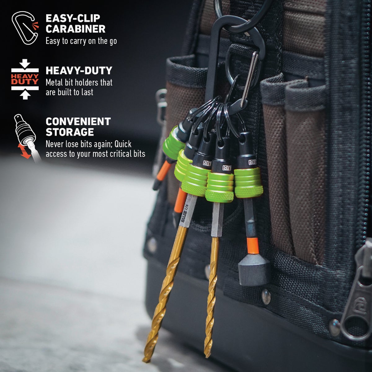 Railer Bit Holder Keychain with (5) Hi Vis Green Hex Shank Bit Holders Image 4