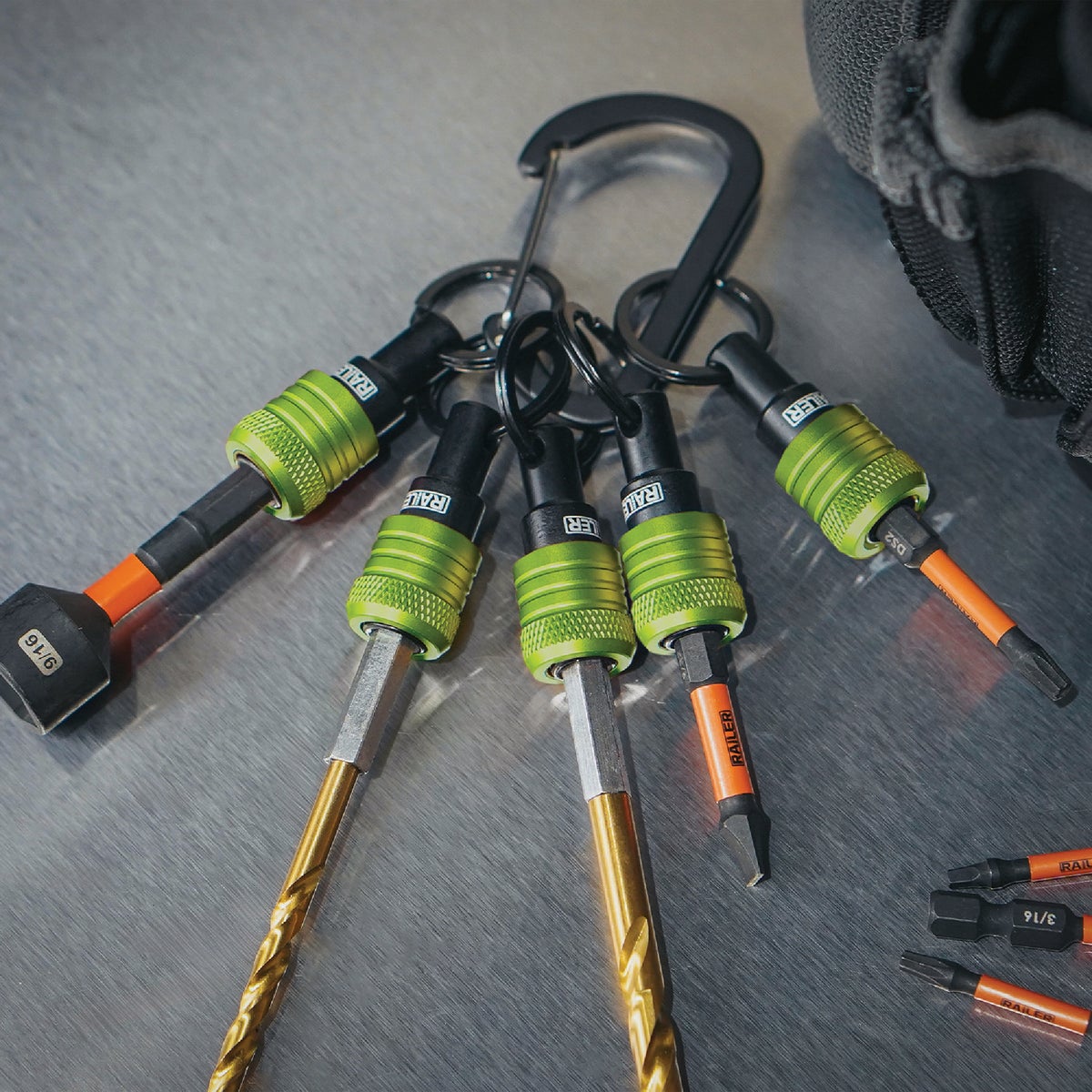 Railer Bit Holder Keychain with (5) Hi Vis Green Hex Shank Bit Holders Image 6