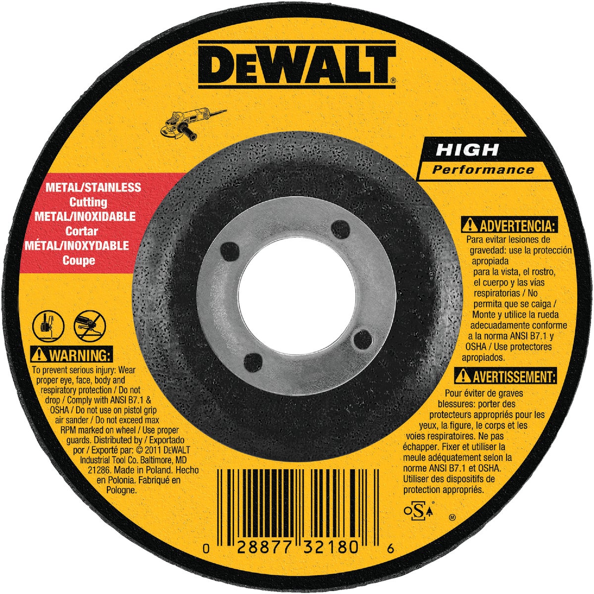DEWALT HP Type 27 4 In. x 0.045 In. x 5/8 In. Metal/Stainless Cut-Off Wheel Image 1