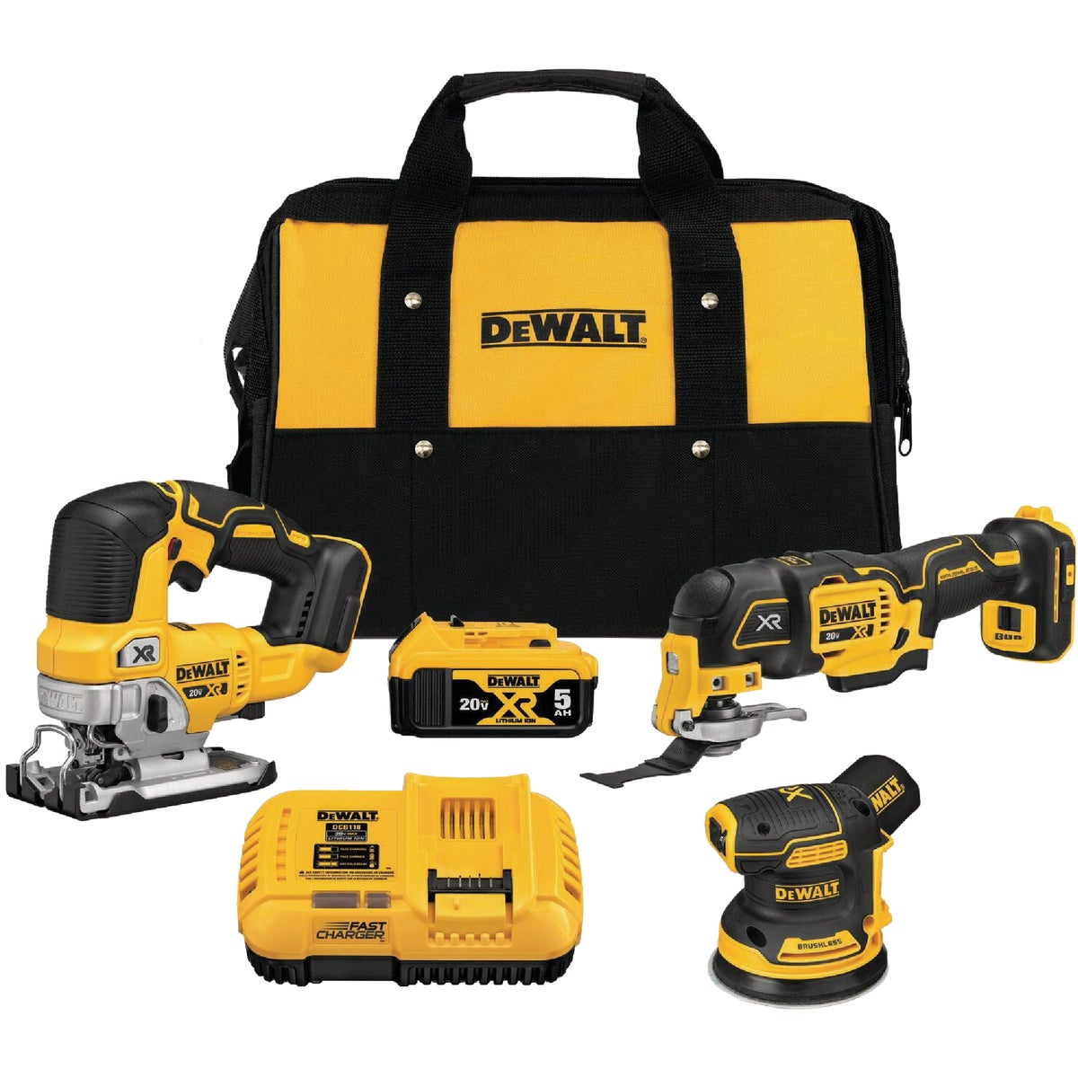 DEWALT 20V MAX XR 3-Tool Brushless Cordless Random Orbital Sander, Oscillating Tool, & Jigsaw Woodworking Combo Kit with 5.0 Ah Battery & Charger