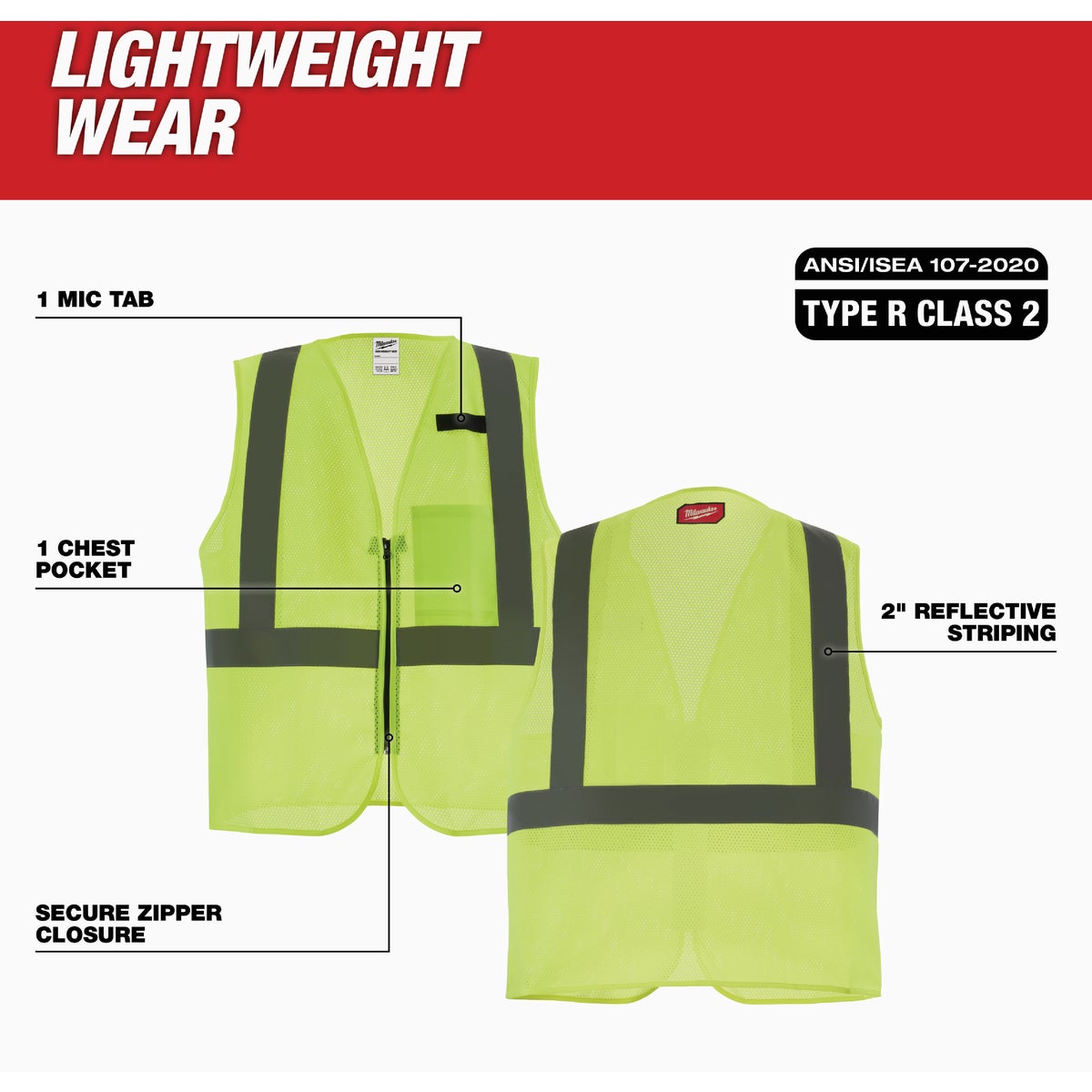 Milwaukee ANSI Class 2 High Vis Yellow Mesh Safety Vest, 2XL/3XL Image 3