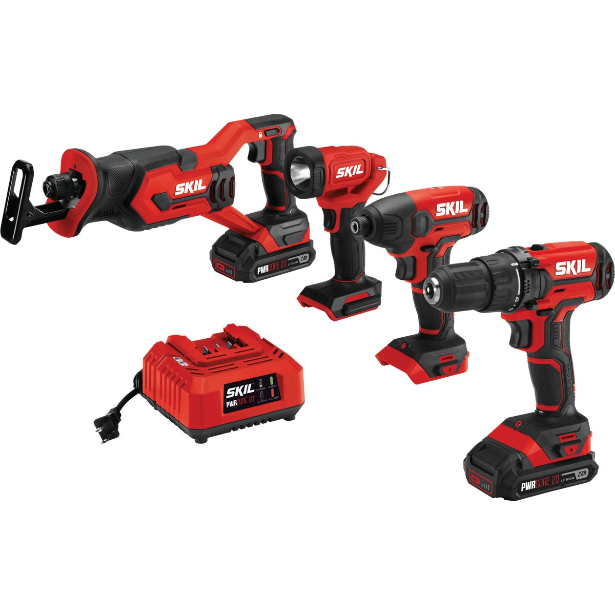 SKIL PWRCore 4-Tool 20V Lithium-Ion Drill/Driver, Impact Driver, Reciprocating Saw & Area Light Cordless Tool Combo