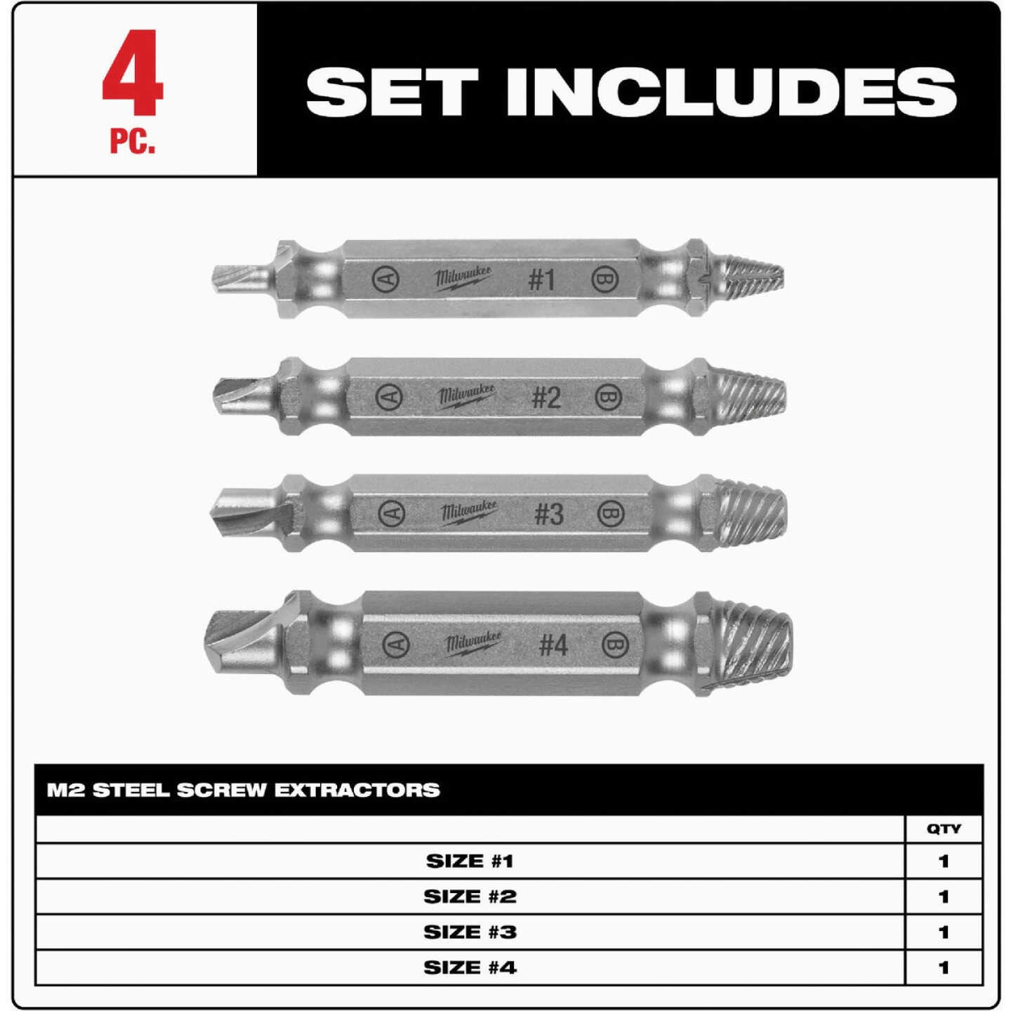 Milwaukee 4-Piece M2 Steel Screw Extractor Set Image 2