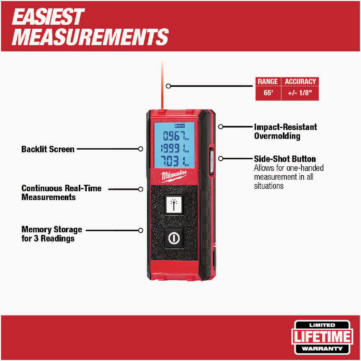 Milwaukee 65 Ft. Backlit Screen Laser Distance Meter Image 2