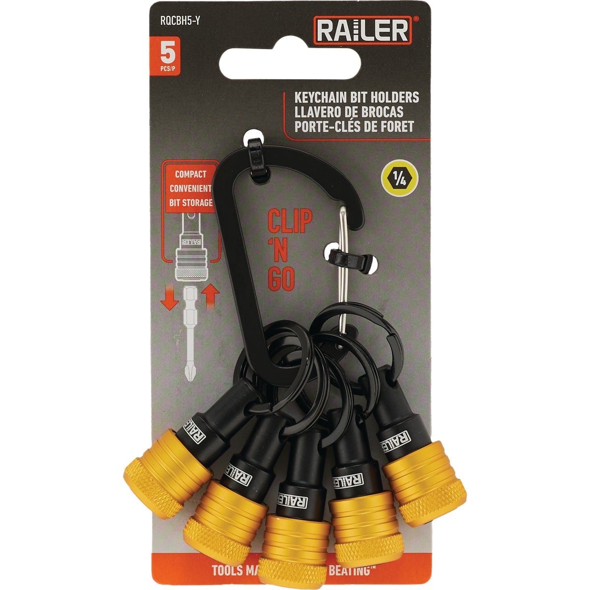 Railer Bit Holder Keychain with (5) Yellow Hex Shank Bit Holders Image 7