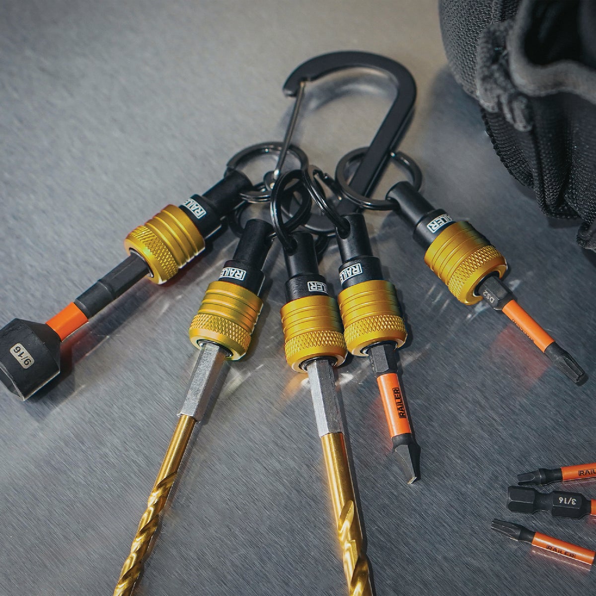 Railer Bit Holder Keychain with (5) Yellow Hex Shank Bit Holders Image 3