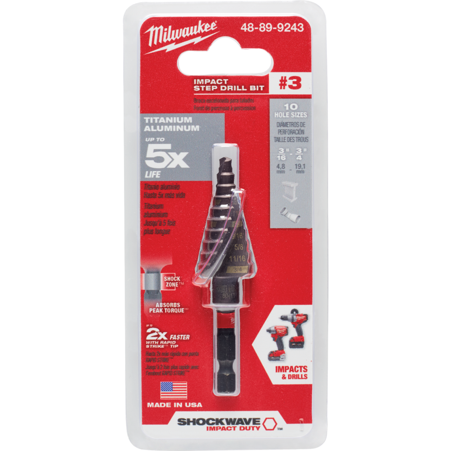 Milwaukee Shockwave Impact Duty 3/16 In. - 3/4 In. #3 Step Drill Bit, 10 Steps Image 1