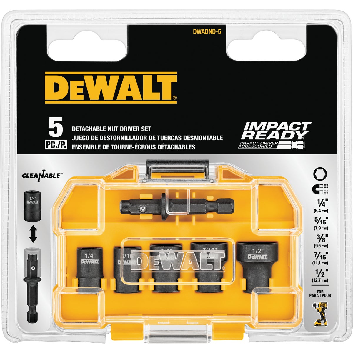 DEWALT Impact Ready 5-Piece Cleanable Magnetic Nutdriver Bit Set Image 1